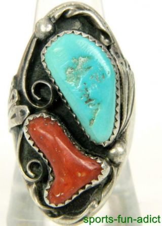 Vtg Native American Navajo Turquoise Coral Sterling Raindrop Feather Ring Sz.  9