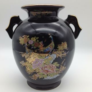 Vintage Marked Japan 2 Handled 6 1/2 " Tall Peacock Duo Vase Jar Black Gold Decor