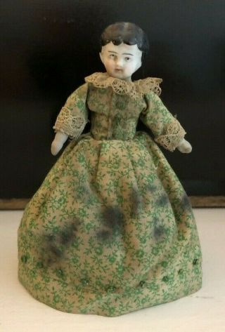 Antique Bisque Dollhouse Doll 4” Dressed In 1860s " Little Women " - Era Clothing