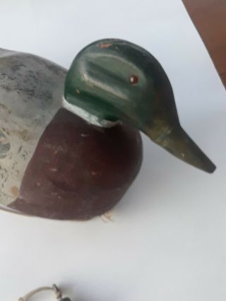 Wooden Duck Decoy old Mallard glass eyes with string and old weight 2