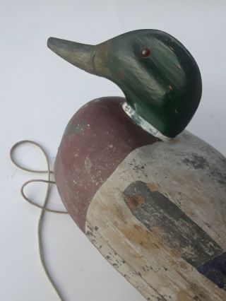 Wooden Duck Decoy old Mallard glass eyes with string and old weight 4