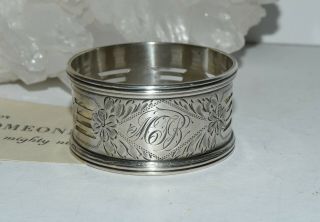 Vtg Antique Sterling Silver Round Napkin Ring Cut Outs Florals Monogrammed