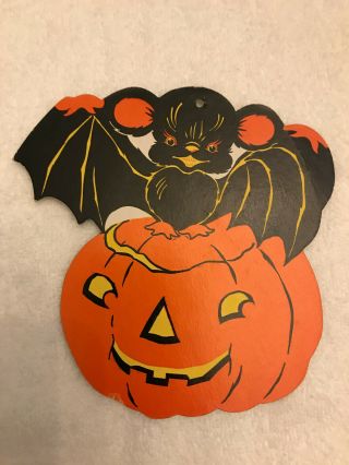 1950s Vintage Halloween Bat On Smiling Pumpkin 5 " Diecut Decoration - Beistle?