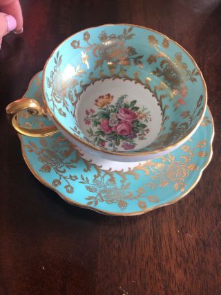 Vintage Foley Eb English Bone China Tea Cup And Saucer - Gold Floral Teal Roses