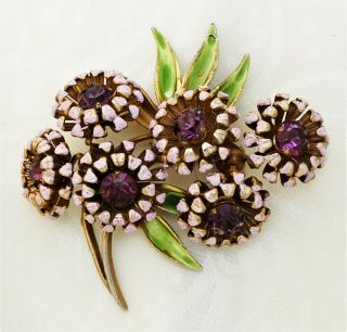 Vintage Enamel Flower Pin By Weiss Purple Rhinestones Dalhias Green Leaf