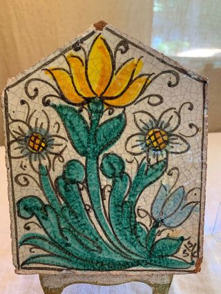 Vtg Fortunata Of Italy Hand Painted Floral Ceramic Terra Cotta Wall Tile 7”x5.  4