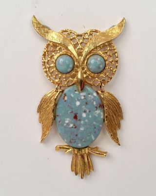 Vintage Gold Tone Owl Pedant - Costume Jewelry,  Faux Turquoise,  Brooch - 4 "