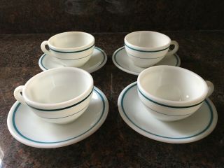 Vtg Corning Decor Dinner Ware Set Of 4 Cups Saucers White W/ Teal Stripe 701 - 10