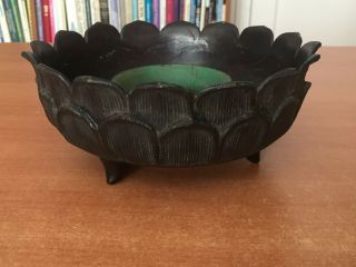 Vintage Heavy Asian Japanese Chinese Bronze Lotus Flower Footed Bowl W Frog