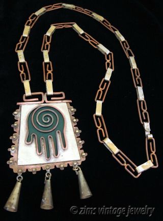 Vintage Old Mexican Casa Maya Mixed Metal Copper Hand Enamel Pendant Necklace