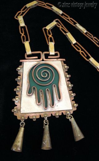 Vintage old MEXICAN Casa Maya mixed metal Copper HAND enamel Pendant NECKLACE 2