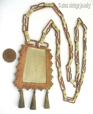 Vintage old MEXICAN Casa Maya mixed metal Copper HAND enamel Pendant NECKLACE 5