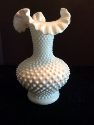 Fenton Vintage Large 10 3/4” Milk Glass White Hobnail Vase Fluted Ruffled Rim