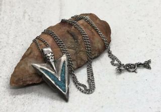 Vintage Native Navajo Sterling Silver Turquoise Arrow Head Pendant 18” Necklace