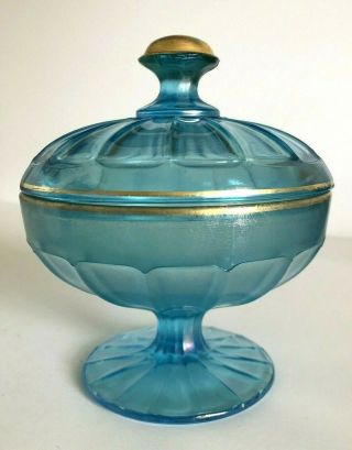 Vintage Aqua Blue Footed Glass Candy Dish With Gold Trim
