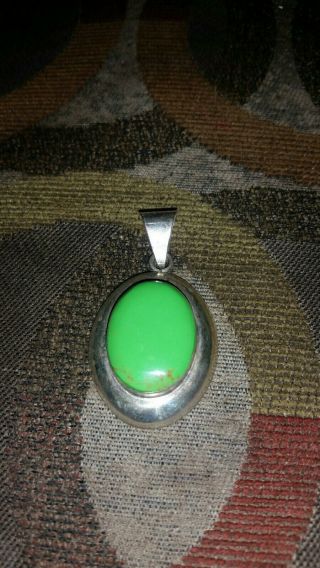 Vintage Sterling Silver Turquoise Large Green Pendant Mexico Taxco Old Pawn