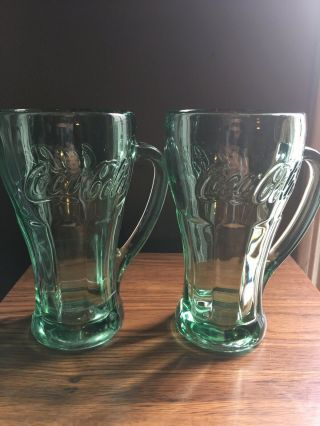 Vintage Coca Cola Drinking Glasses With Handle 16 Oz Green Glass (set Of 2)