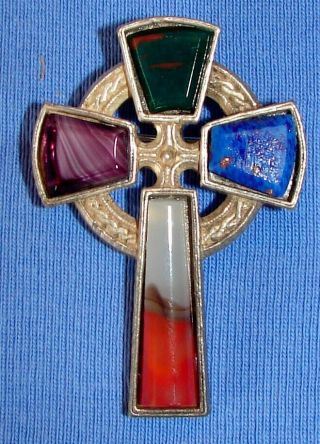 Vintage Signed Miracle Agate Scottish Celtic Cross Brooch Or Pendant Britain