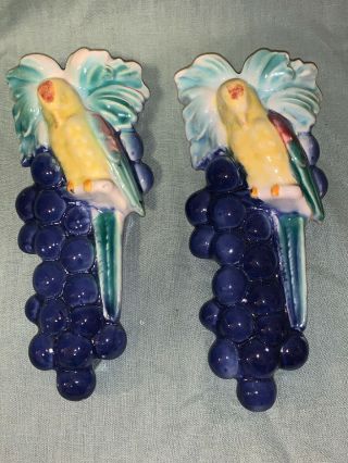 2 Vintage Wall Pocket Tropical Bird Blue Grapes Palm Leaves Made Japan 8 " Tall