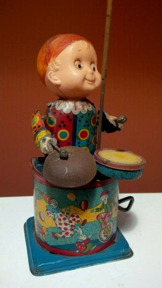 Vintage 1940 ' s Tin Celluloid Wind Up Circus Clown Child Playing Drum Japan 2