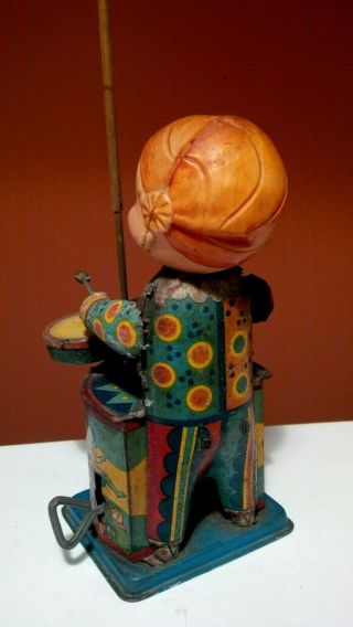 Vintage 1940 ' s Tin Celluloid Wind Up Circus Clown Child Playing Drum Japan 5
