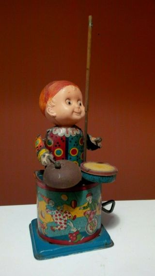 Vintage 1940 ' s Tin Celluloid Wind Up Circus Clown Child Playing Drum Japan 6