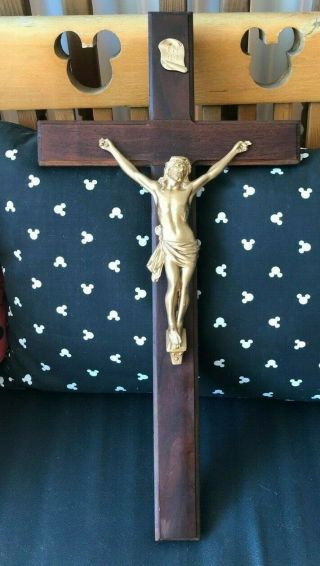 Vintage Large 20 " X 10 " Wood/metal Gold Cross Crucifix Jesus Religious