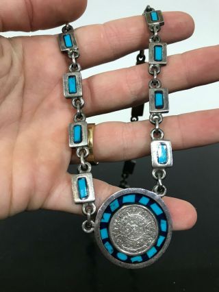 Vtg Sterling Silver 925 Taxco Mexico Turquoise Inlaid Medallion Pendant Necklace