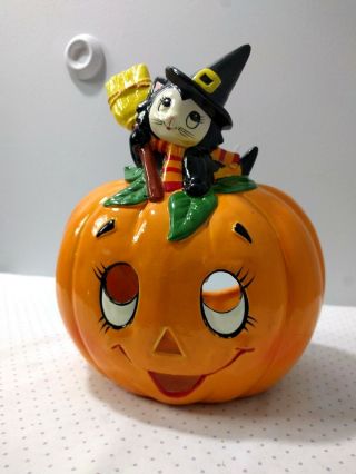 Vtg Halloween Jack O Lantern & Witch Cat Candle Holder Lefton China Handpainted