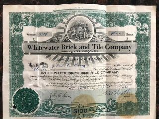 Vintage Stock Certificate " Whitewater Brick And Tile Company " In Wisconsin 1921