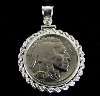 Coin Pendant Vintage Indian Head Nickel Sterling Silver Rope Bezel Soldered Bail