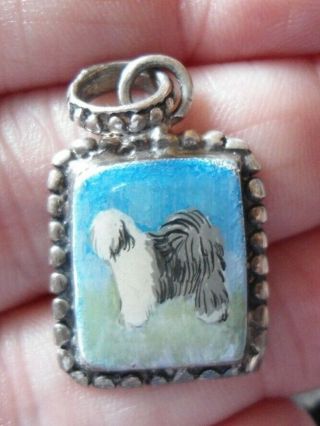 Vintage Sterling Silver & Enamel Mexican Old English Sheepdog Pendant Hand Paint