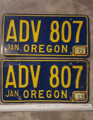 Set Pair (2) Oregon 1973 Vintage License Plate Blue & Golden Yellow Cond