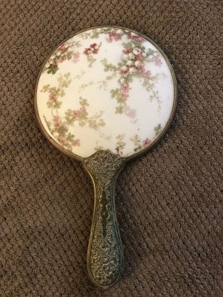 Vintage Rose Handle Lily Of The Valley Beveled Hand Mirror Art Deco Celluloid