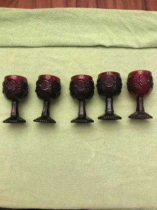 Vintage Ruby Red 1876 Cape Cod Avon Glass Set Of 5 Small Wine Goblets