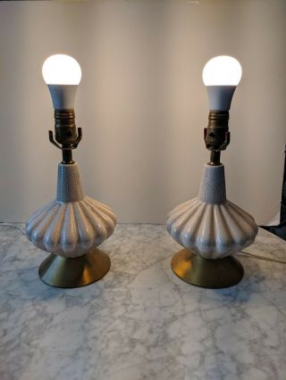 Pair Vintage Mid Century Modern Pink Pearlescent Bedside lamps RETRO Crackle 6