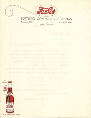 Vintage 1942 Pepsi - Cola Letterhead From Salinas California