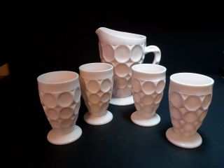 Vintage Jeanette Pink Milk Glass " Thumbprint " Pitcher & 4 Footed Glasses
