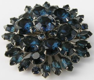 Huge Vintage Sapphire Blue Rhinestone Brooch Tiered Glass Prong Set Pin