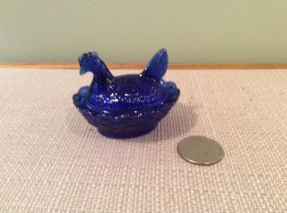 Vintage Miniature Degenhart Hen On The Nest,  Cobalt Blue,  Marked