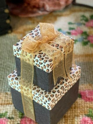 Vintage Miniature Dollhouse Artisan Stacked Gift Boxes Leopard & Black W Ribbon