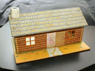 Vintage Marx Metal Toy Log Cabin Dollhouse W Base And Chimney