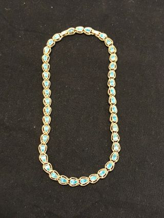 Vintage Crown Trifari Gold Tone & Aquamarine Rhinestone Collar/choker Necklace
