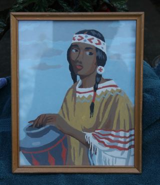 Framed Vintage Paint By Number Painting Indian Woman 8 " X 10 "