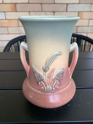 Vintage Hull Pottery Calla Lily Double Handled Vase Mauve Blue 520/34 G 3