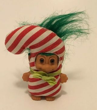 Vintage Russ Berrie Troll Doll 4.  5” Christmas Candy Cane Green Hair Cb1007