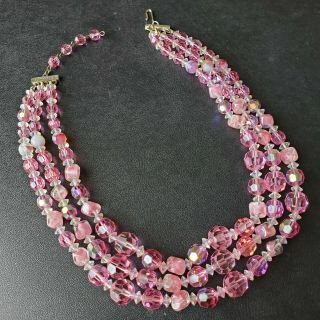 Signed Carnegie Vintage Triple Strand Pink Givre Glass Ab Crystal Necklace 52