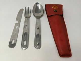 Vintage Girl Scout Silverware Imperial Stainless Fork Knife Spoon Set Red Case
