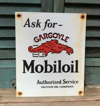 Vintage Gargoyle Mobiloil Porcelain Sign Gas Service Station Pump Plate Motor