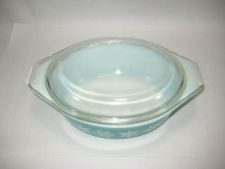 Vintage Pyrex Turquoise With White Snowflakes 043 1 1/2 Qt Casserole Bowl & Lid 2